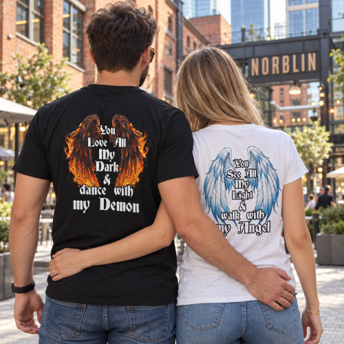 Koszulki dla par Angel Demon ze skrzydłami anioła i demona